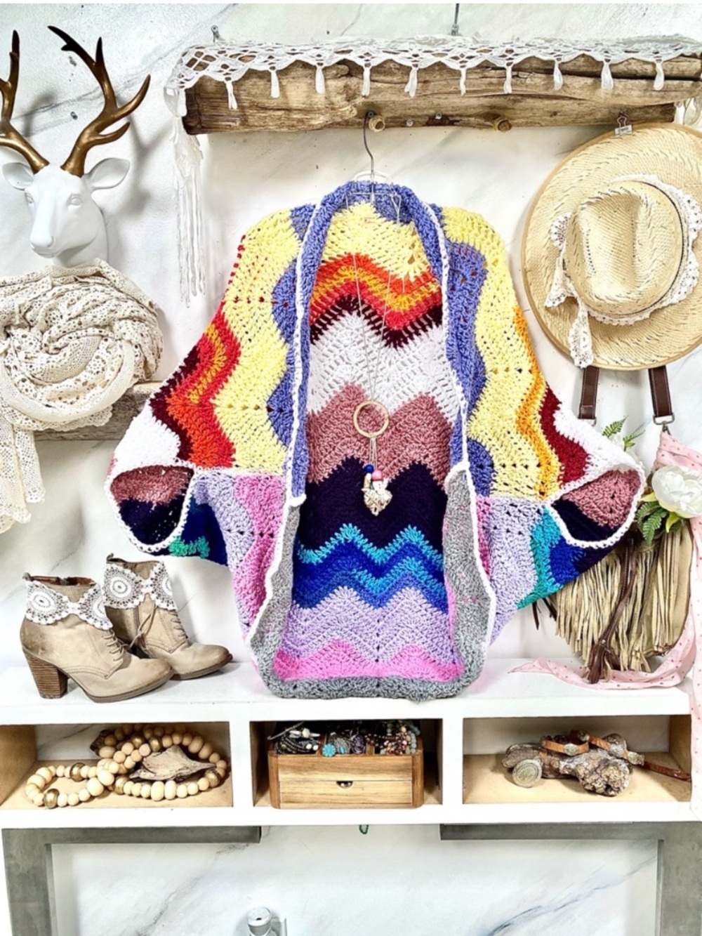 Artisan Chevron unicorn boho Cocoon shrug kimono cover up w cottagecore vibe - Picture 3 of 10